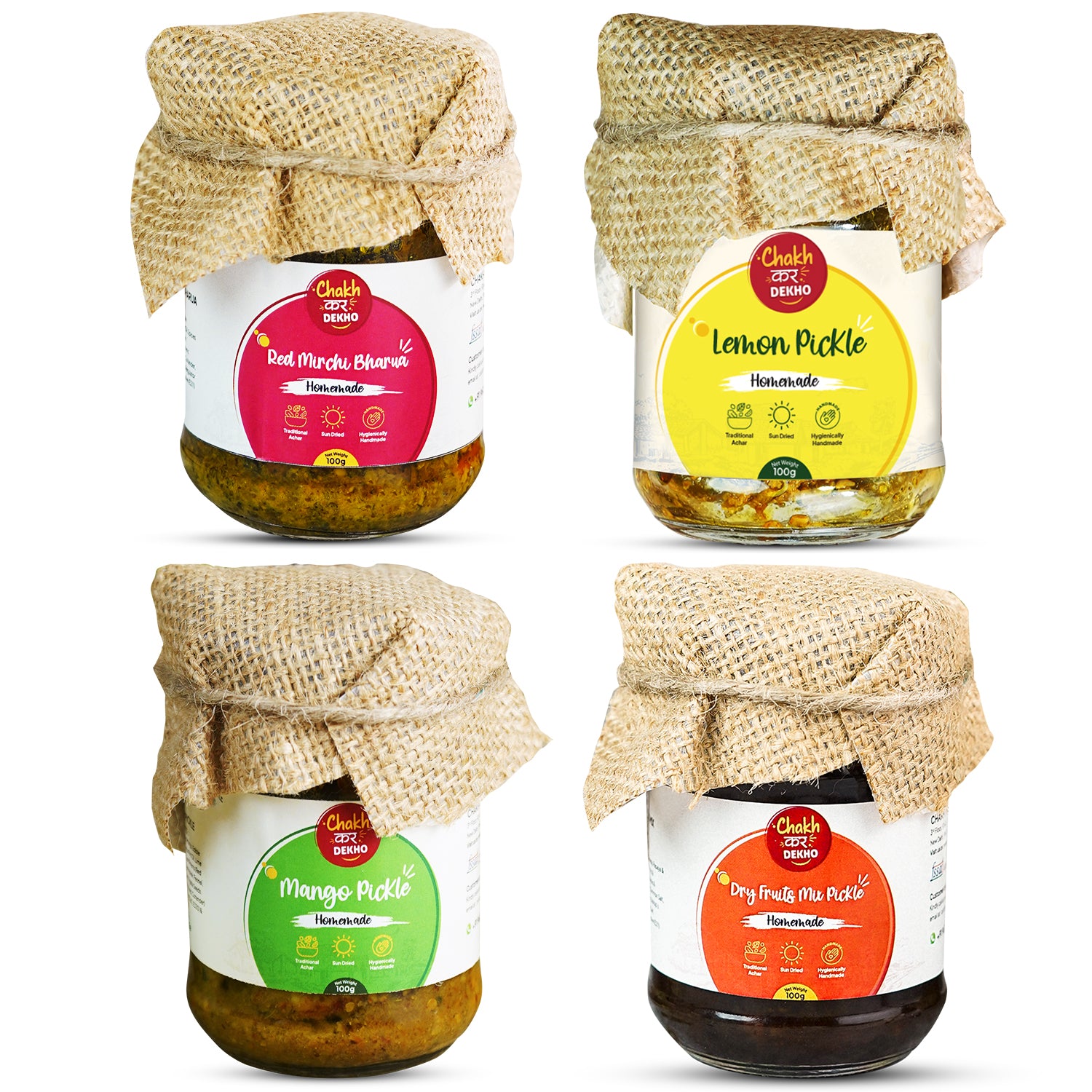 Combo of 4 Pickles (Red Mirchi Bharva + Lemon + Mango + Dry Fruits Mix)